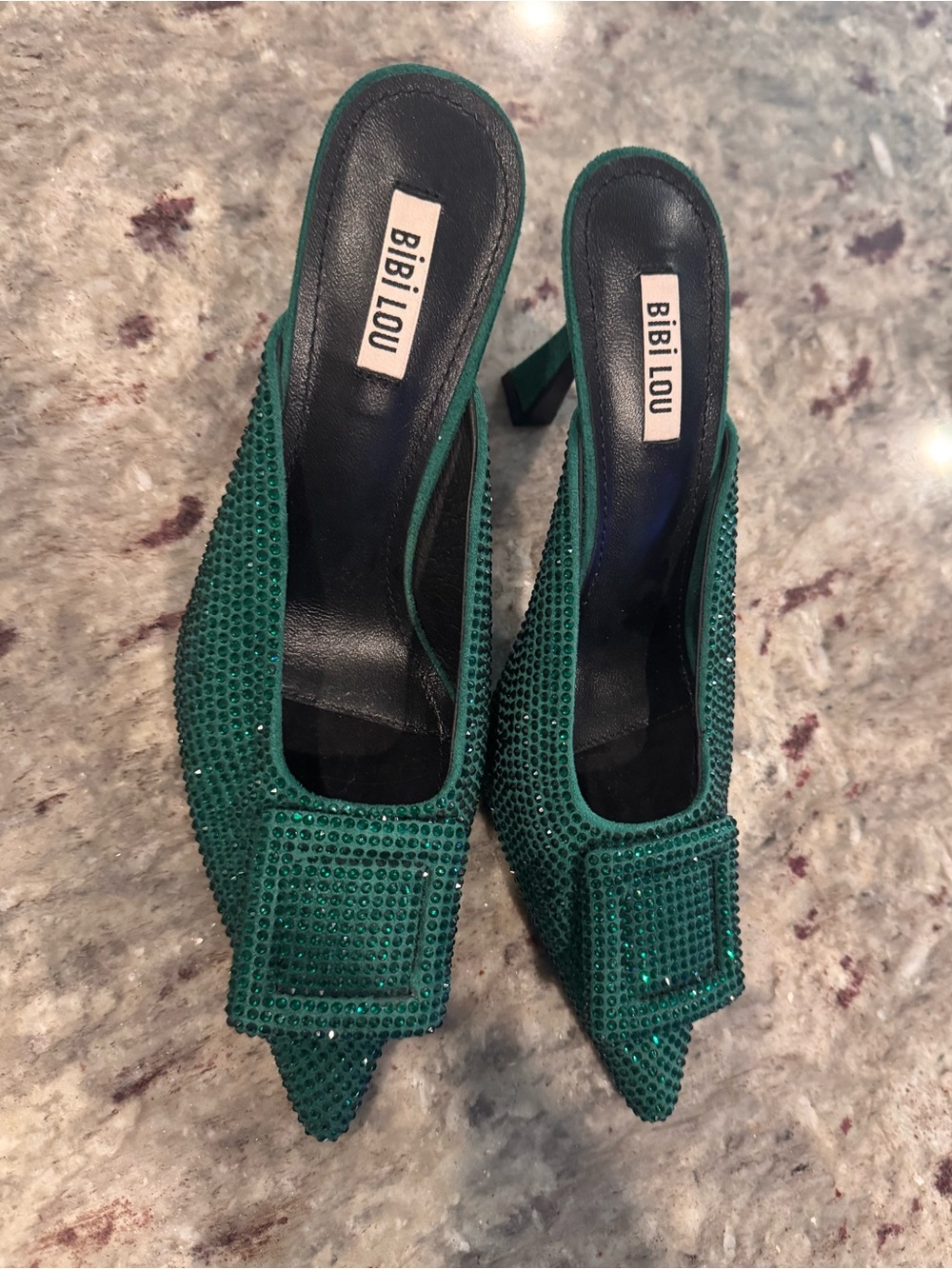 Emerald Green Crystal Pointed Toe Mules